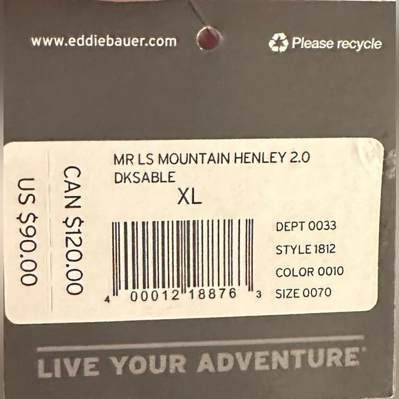 NWT Eddie Bauer Men’s Long Sleeve Shirt Three Snap Henley Size Extra Large - Picture 9 of 9